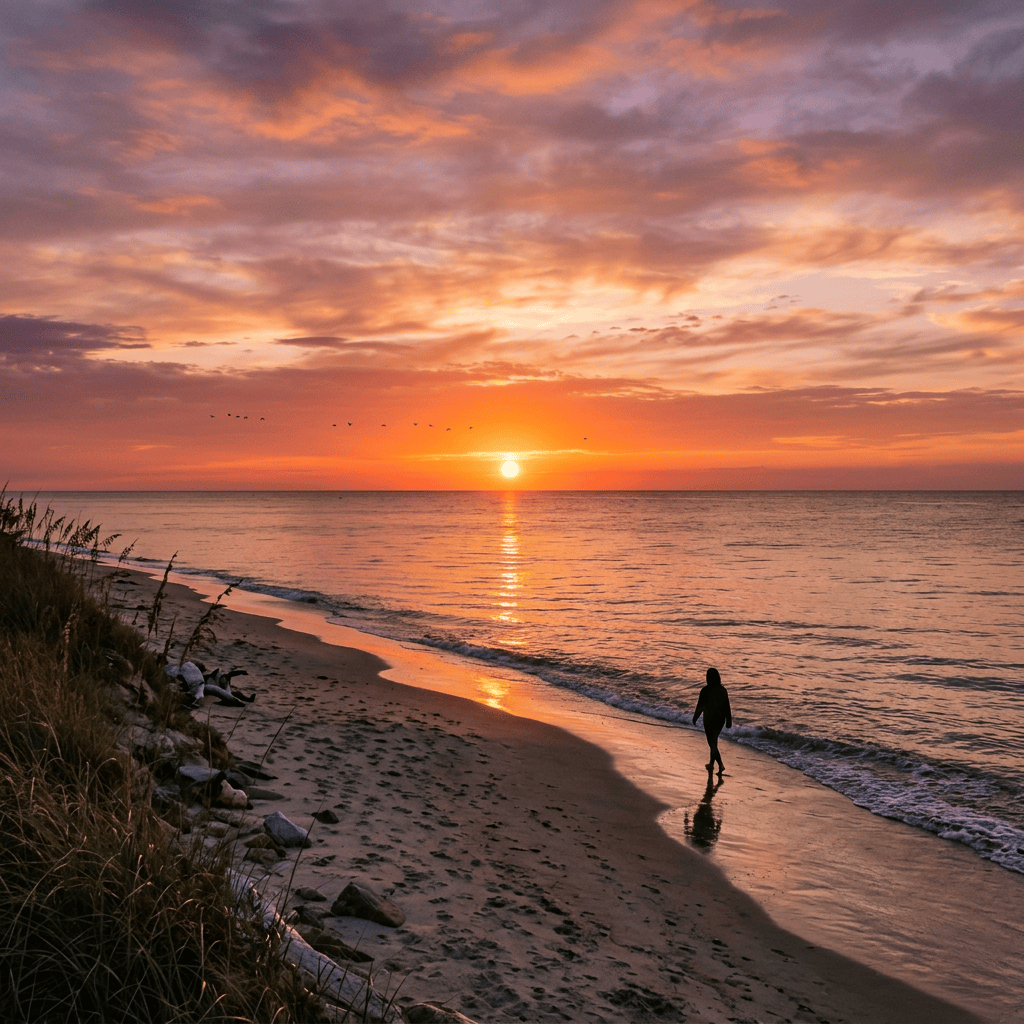 Person walking barefoot on a sandy beach near the water at sunset with orange and purple sky, and birds flying above the horizon.