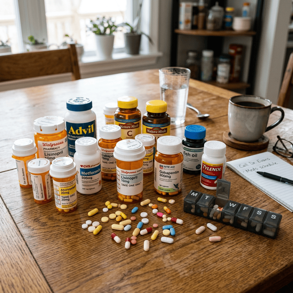 Prescription medication bottles, loose pills, pill organizer, coffee cup, glass of water, and notepad on a wooden table