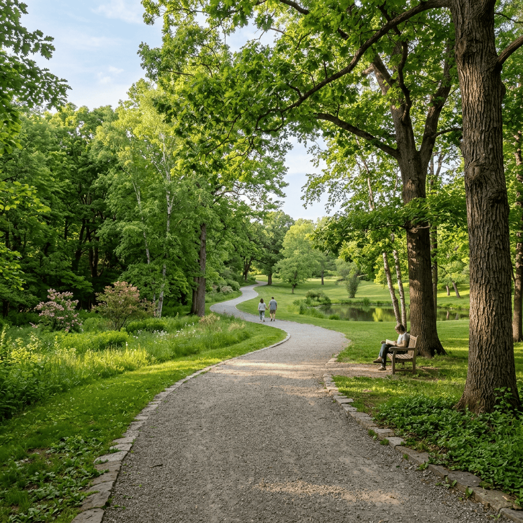 Curved gravel path through green park with trees and a person reading on a bench
