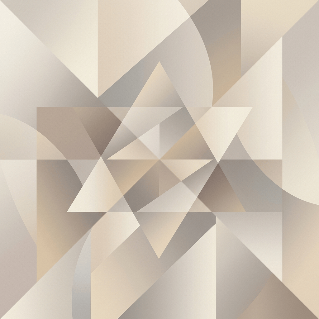 Abstract composition of overlapping triangles, rectangles, and curves in beige and gray hues.